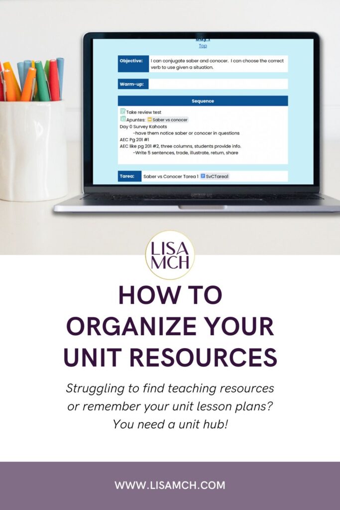 how to organize your unit resources in dark purple font on white background. picture of a laptop showing a unit hub to organize teaching units